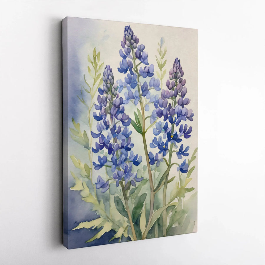 Bluebonnet Watercolor Vertical Canvas | Texas Wildflower Floral Painting | Premium Gallery Wrap Wall Art | Botanical Home Decor Gift