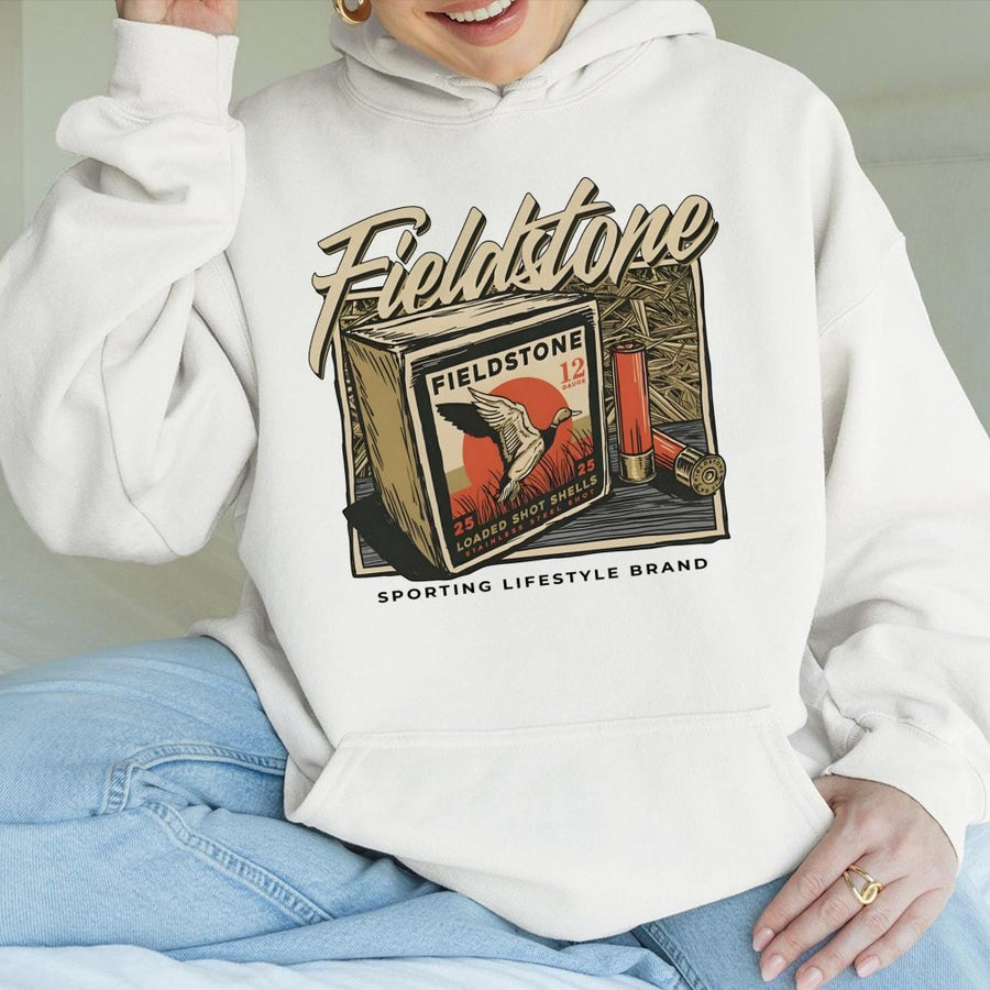 Fieldstone Ammo Box Hoodie | Vintage Duck Hunting Graphic Print | Premium Cotton Blend | Gift For Hunters And Outdoor Enthusiasts