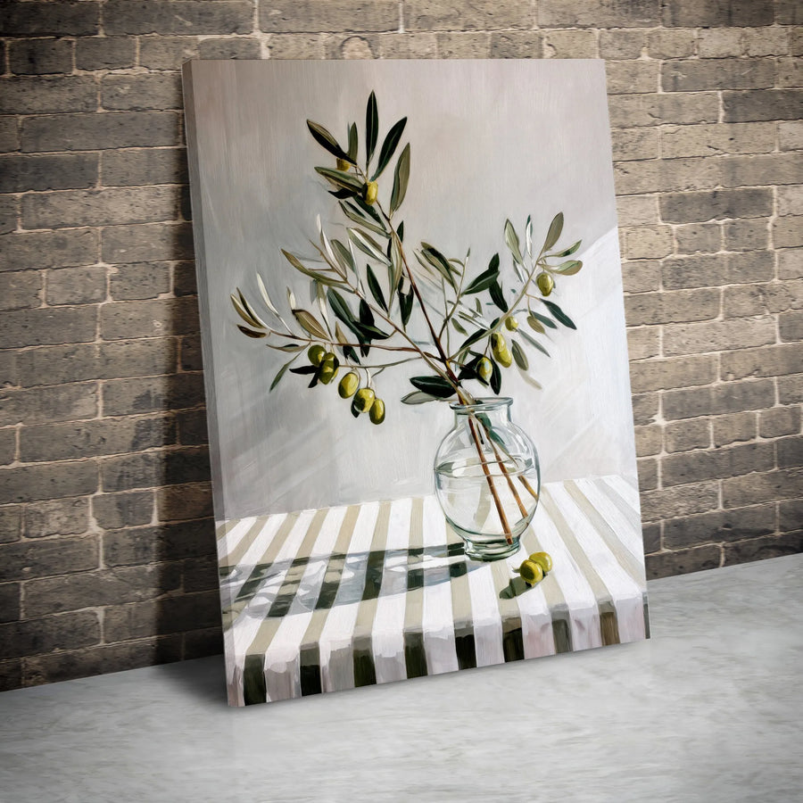 Olive Branch Still Life Canvas Print | Botanical Kitchen Wall Art | 1.25" Premium Gallery Wrapped | Mediterranean Home Decor Gift