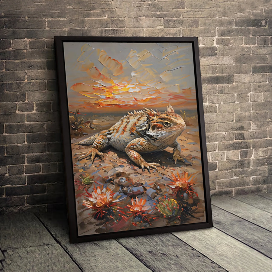 Horned Lizard Canvas Wall Art | Impasto Oil Painting Desert Sunset Decor | Premium 1.25 Inch Thick Gallery Wrap | Unique Reptile Lover Gift