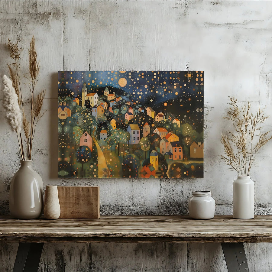 Whimsical Village Canvas Print | Starry Night Landscape Wall Art | Premium Gallery Wrap Decor | Gift for Art Lovers