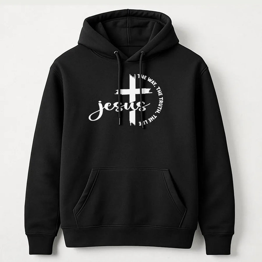 Jesus The Way The Truth The Life Hoodie | Christian Scripture Cross Graphic | Soft Cotton-Blend Premium Apparel | Faith Based Religious Gift For Her
