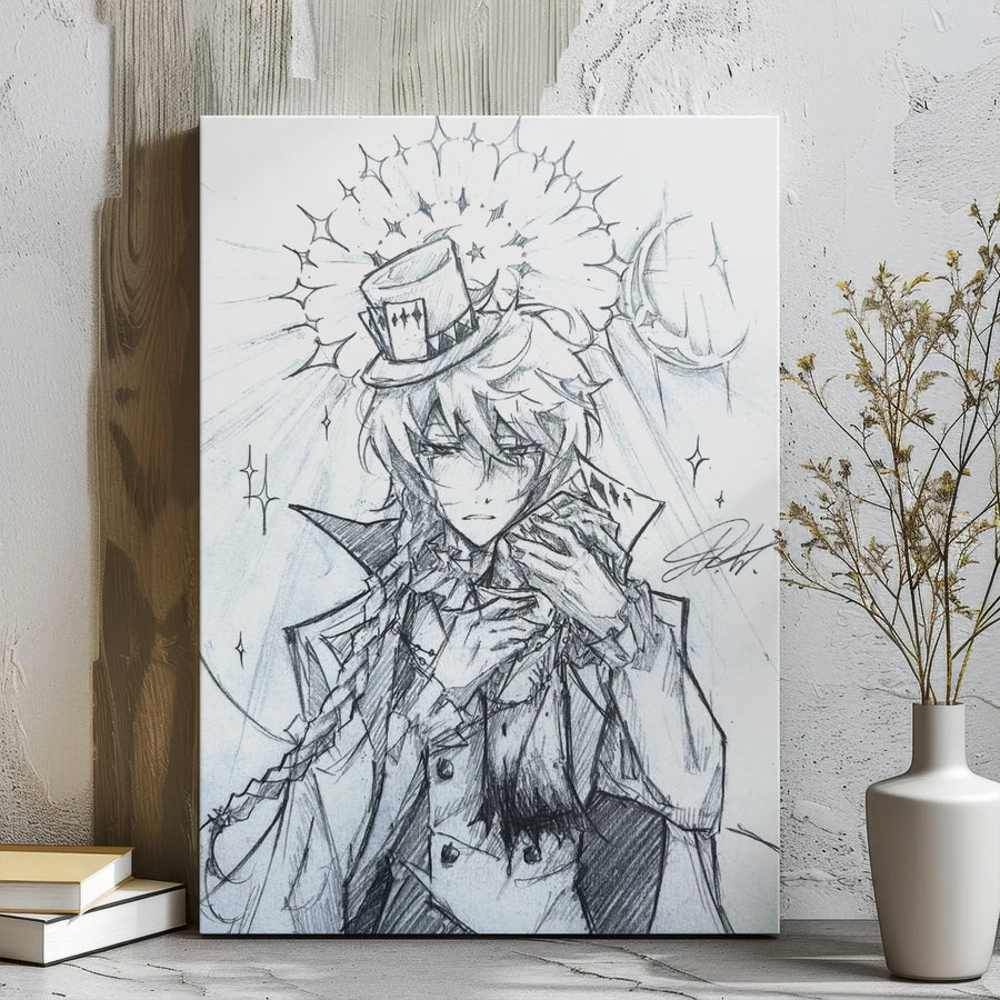 Anime Boy Canvas Wall Art | Pencil Sketch Style Illustration with Top Hat | Gallery Wrap Premium Print | Aesthetic Room Decor Gift for Otaku