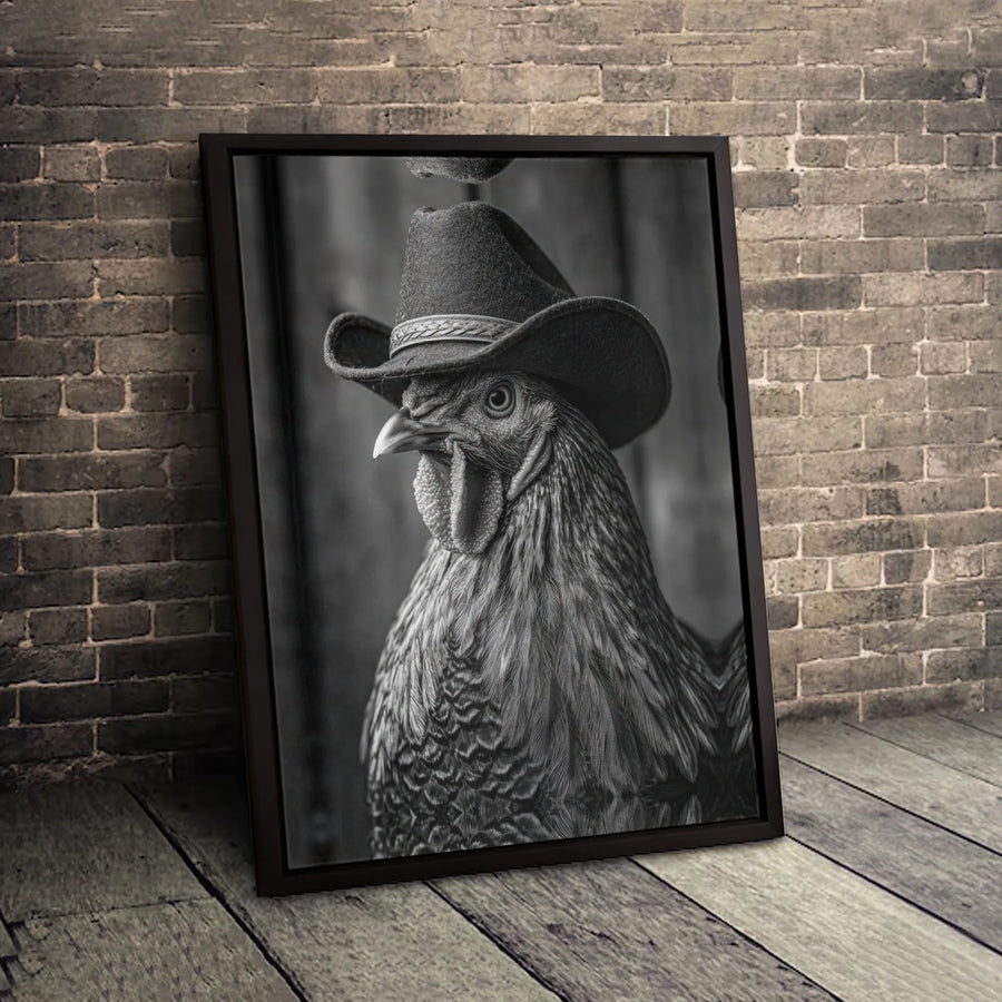 Cowboy Chicken Canvas Wall Art | Black and White Farmhouse Decor | 1.25-Inch Premium Gallery Print | Funny Country Kitchen Gift