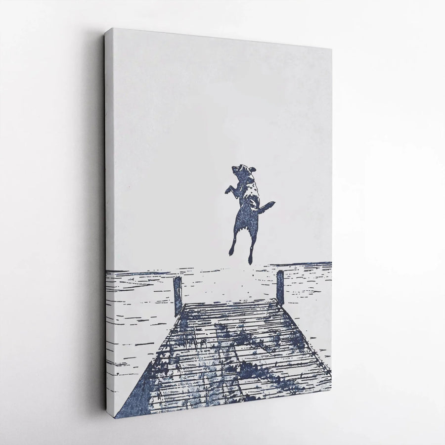 Jumping Dog Canvas Wall Art | Minimalist Lake House Dock Sketch | Premium Gallery Wrap Decor | Coastal Farmhouse Gift for Dog Lovers