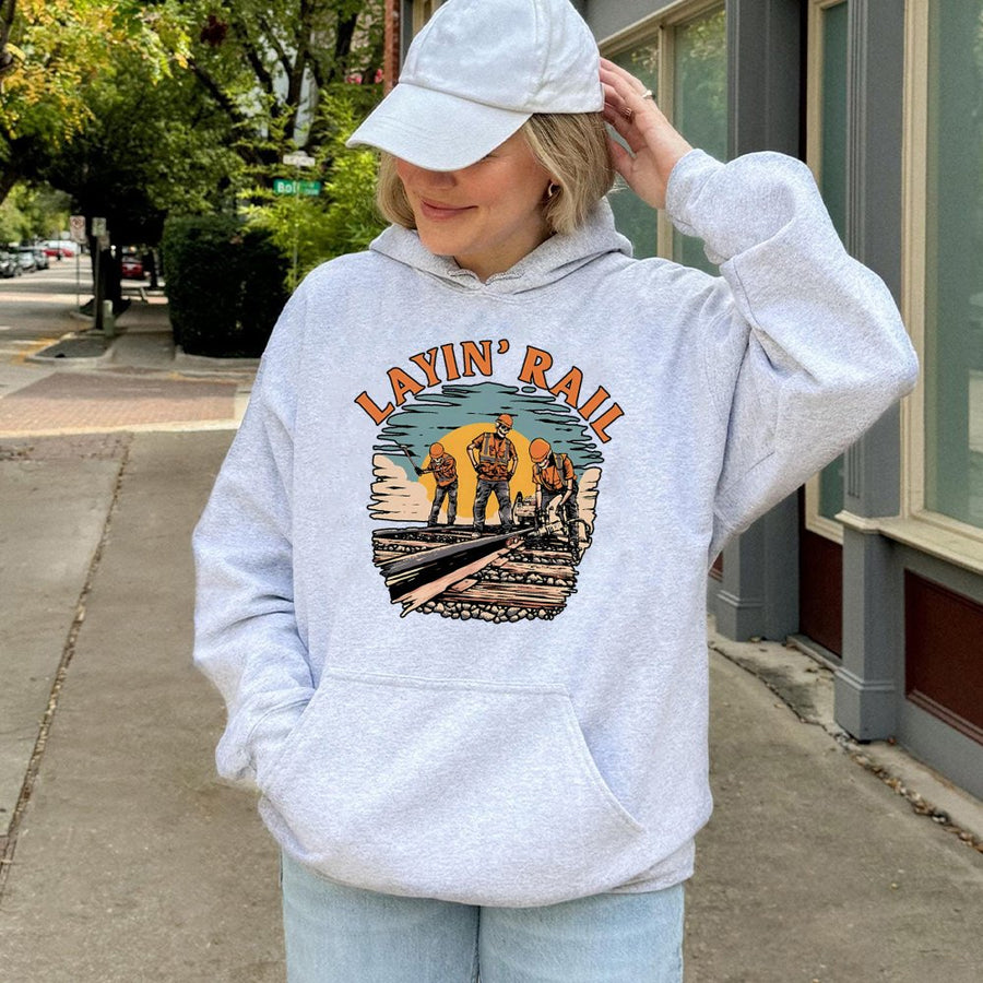 Railroad Worker Hoodie | Layin' Rail Vintage Track Crew Graphic | Premium Cotton Blend Sweatshirt | Gift for Train Conductor & Railway Engineer