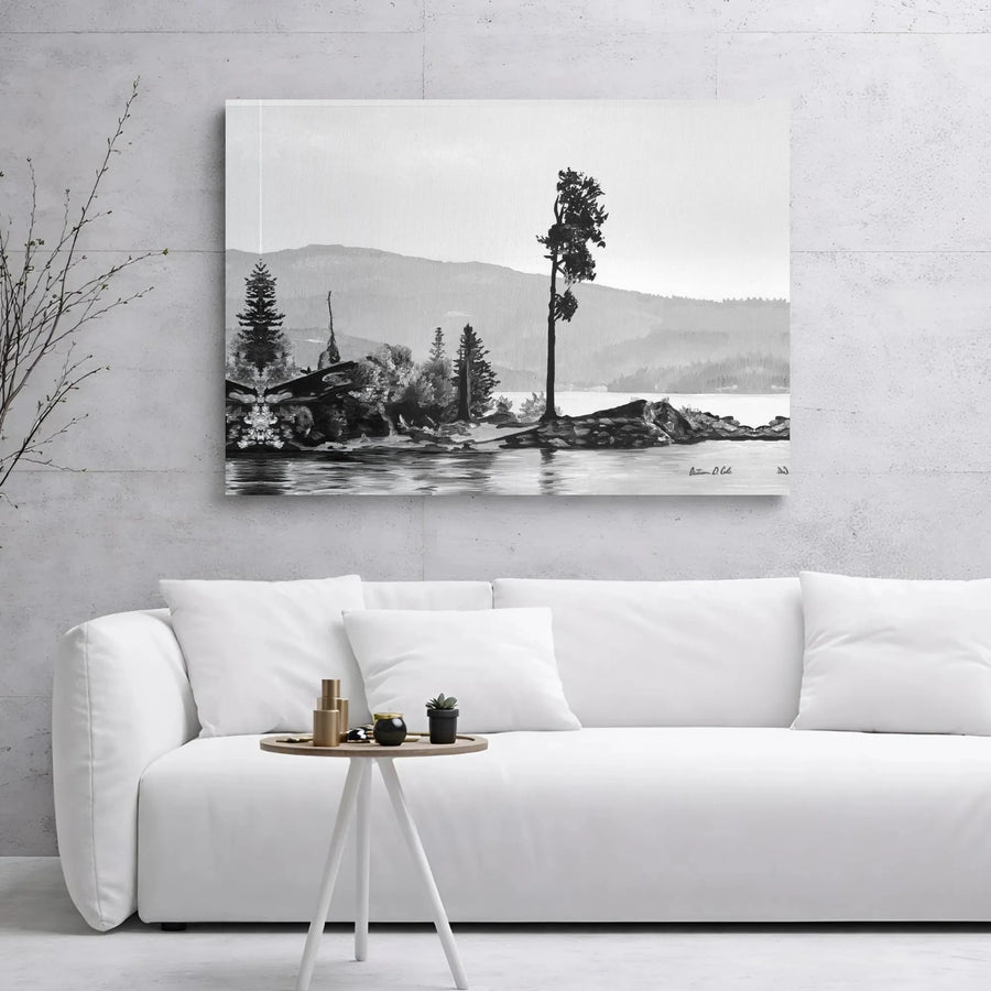 Lone Tree Lake Canvas Print | Black and White Landscape Wall Art | Premium Gallery Wrapped Decor | Modern Nature Gift for Living Room