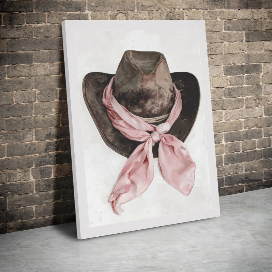 Cowboy Hat Wall Art | Pink Scarf Watercolor Print | Premium Gallery Canvas | Western Boho Home Decor Gift