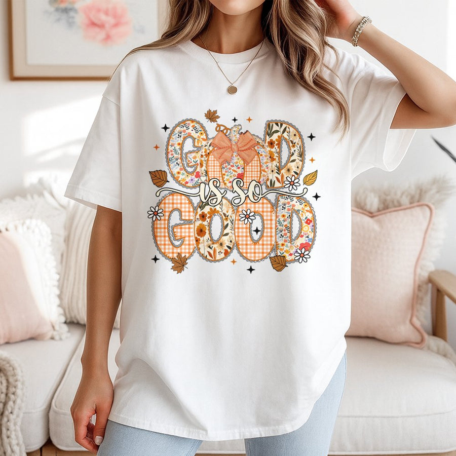 God Is So Good T-Shirt | Preppy Floral Pumpkin Graphic Design | 100% Cotton Premium Tee | Christian Fall Apparel Gift for Her