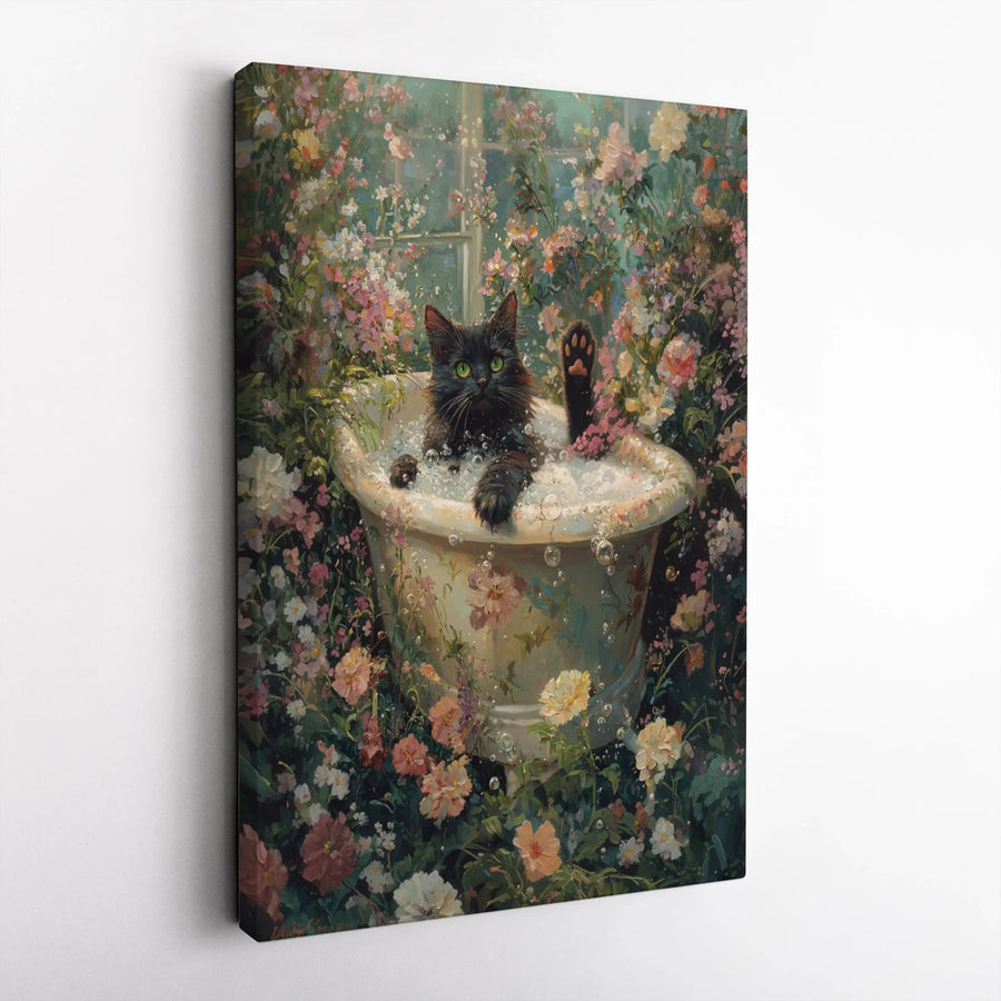 Black Cat Canvas Wall Art | Whimsical Cat in Floral Bathtub Painting | Premium Gallery Quality Print | Unique Gift for Cat Lovers & Bathroom Decor