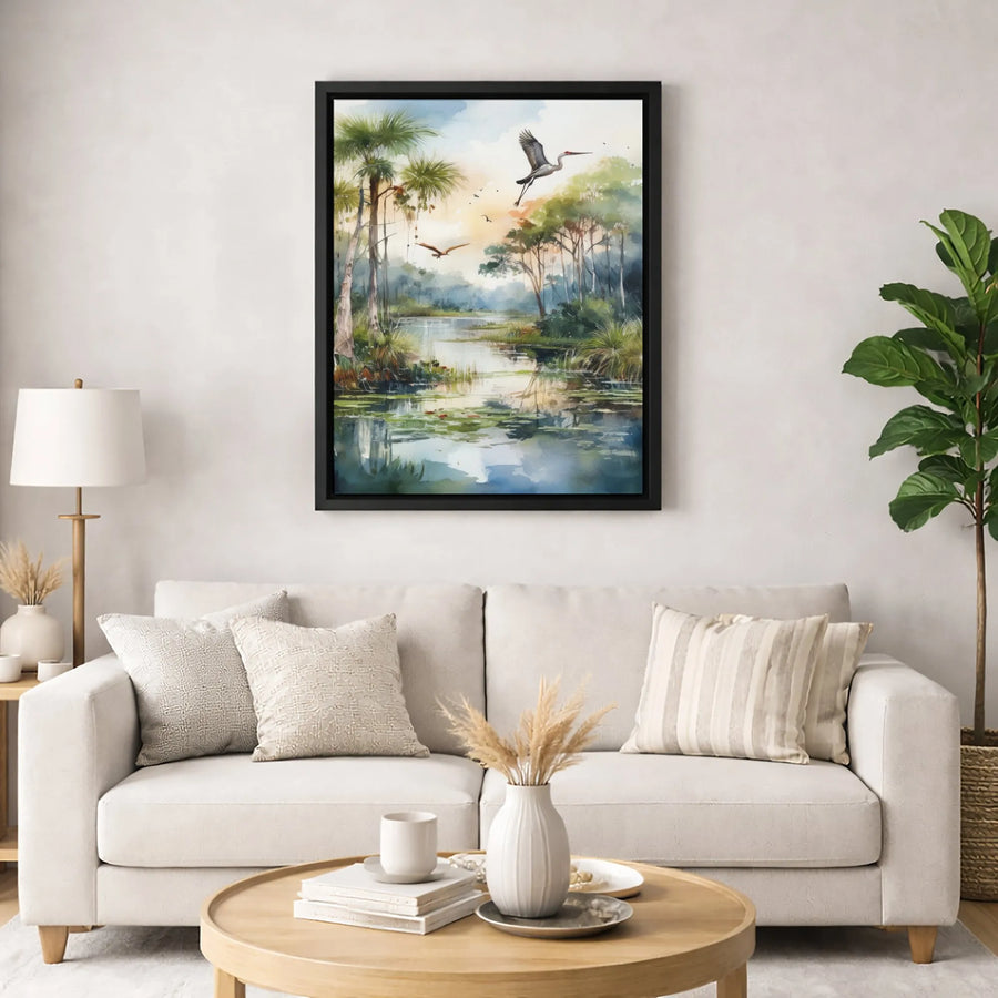 Florida Swamp Landscape Canvas | Watercolor Heron and Palm Tree Art | Premium Fade-Resistant Print | Nature Wall Decor for Coastal Home Living