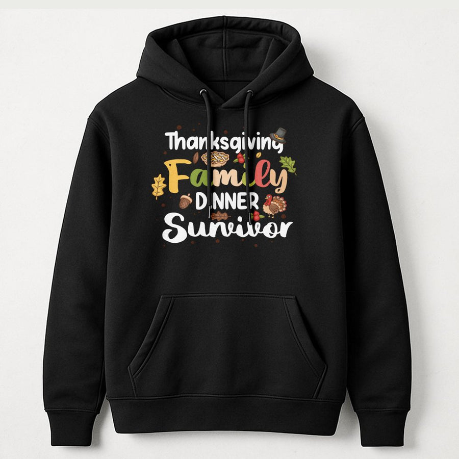 Thanksgiving Family Dinner Survivor Hoodie | Funny Turkey Day Graphic Sweatshirt | Premium Cotton-Poly Blend | Cozy Holiday Gift for Family Members
