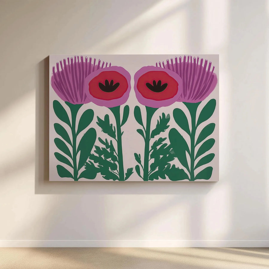 Boho Floral Canvas Wall Art | Symmetrical Poppy and Thistle Folk Art Print | Premium 1.25" Gallery Wrap | Modern Home Decor Gift