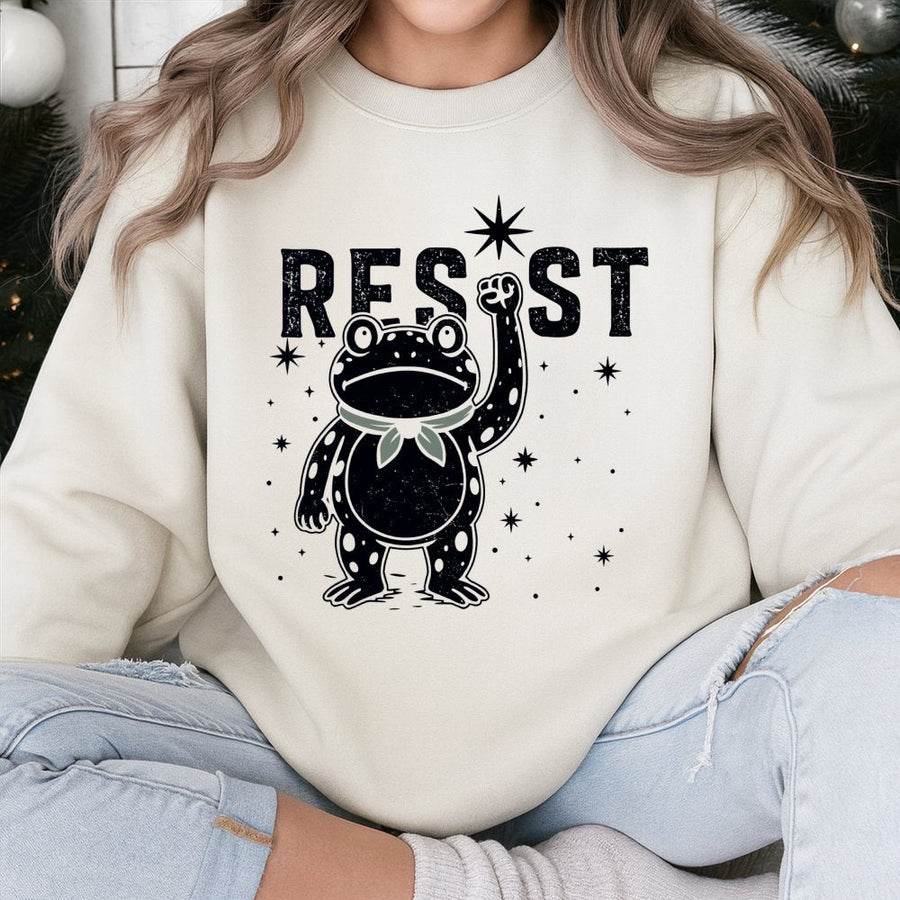 Resist Frog Sweatshirt | Activist Protest Graphic Pullover | Soft Cotton Blend Unisex Apparel | Unique Gift for Social Justice Advocates