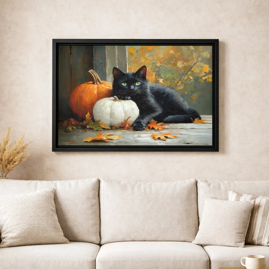 Black Cat Wall Art | Autumn Pumpkin Harvest Painting | Premium Gallery Wrap Canvas | Fall Home Decor Gift for Cat Lovers
