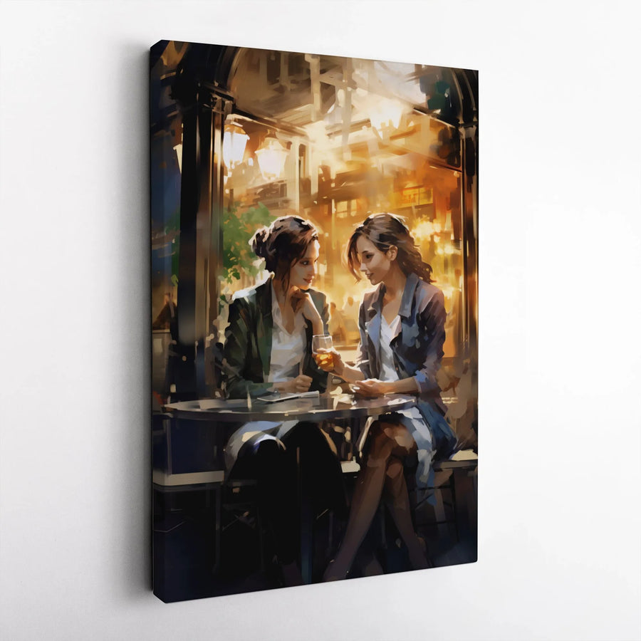 Parisian Cafe Scene Canvas Art | Two Women Talking Evening Painting | Premium Gallery Wrap Print | Modern Home Decor Gift