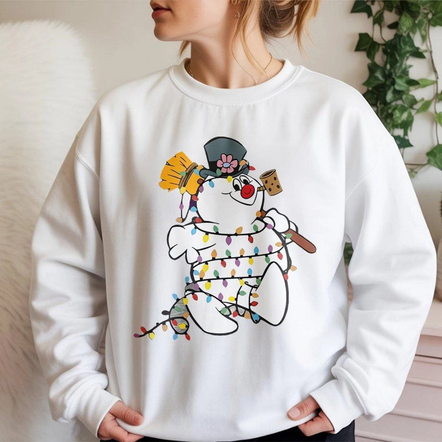 Snowman Christmas Sweatshirt | Festive Holiday Lights Graphic Design | Cozy Cotton Blend Crewneck | Unisex Winter Gift for Men and Women