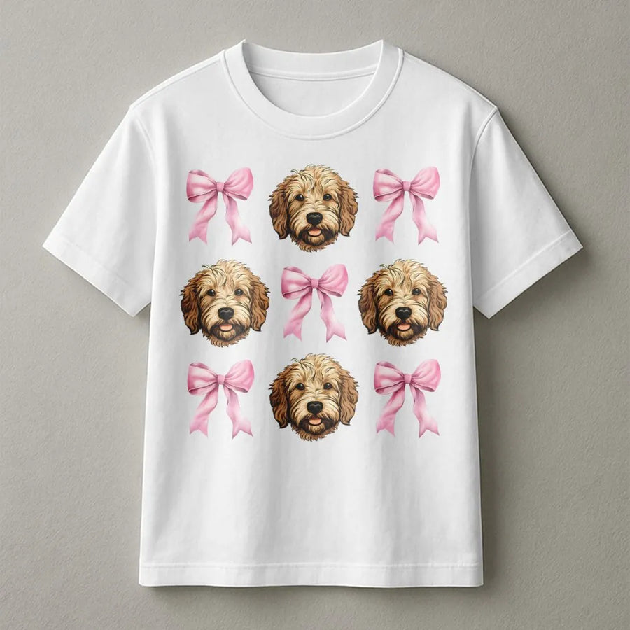 Goldendoodle T-Shirt | Cute Pink Bow Pattern Graphic | Premium Soft Cotton | Dog Mom Gift For Her