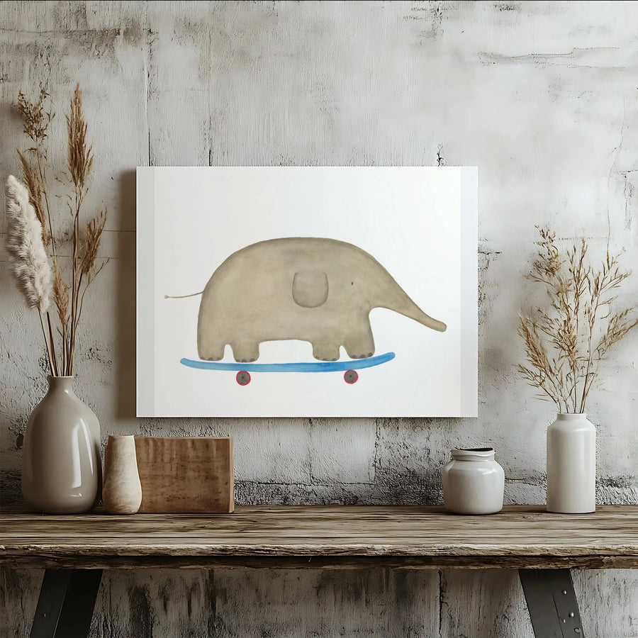 Skateboarding Elephant Canvas Wall Art | Whimsical Watercolor Animal Print | Premium Gallery Wrapped Canvas | Nursery Decor Gift for Kids Room