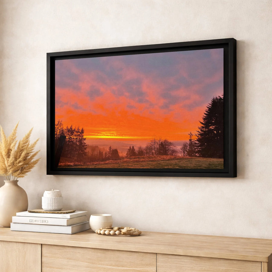 Fiery Orange Sunset Landscape Canvas | Misty Forest Valley Wall Art | 1.25 Inch Premium Gallery Wrap | Modern Home Decor Gift