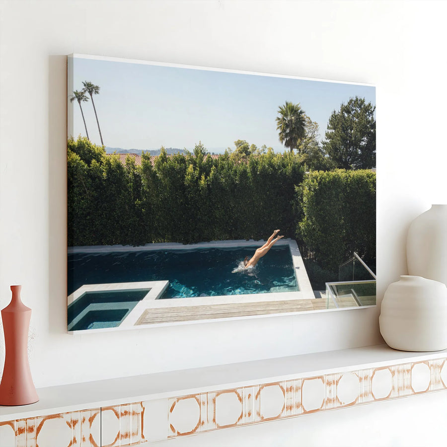 Summer Dive Canvas Wall Art | Woman Diving Into Luxury Pool Photo | Premium Fade-Resistant Print | Modern Living Room Decor Collector's Gift