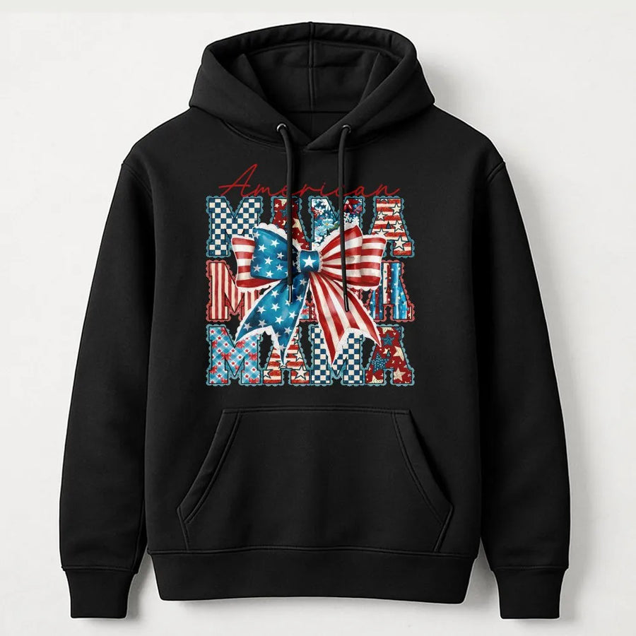 American Mama Hoodie | Red White Blue Coquette Bow Graphic | Soft Cotton Blend | 4th of July Gift for Mom