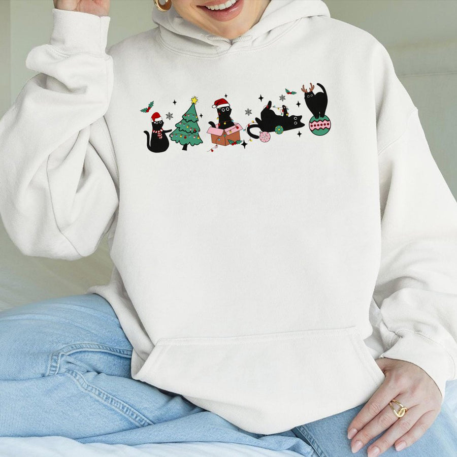 Christmas Black Cat Hoodie | Festive Kitten Holiday Illustration | Premium Cotton-Blend Sweatshirt | Cute Xmas Gift For Cat Lovers