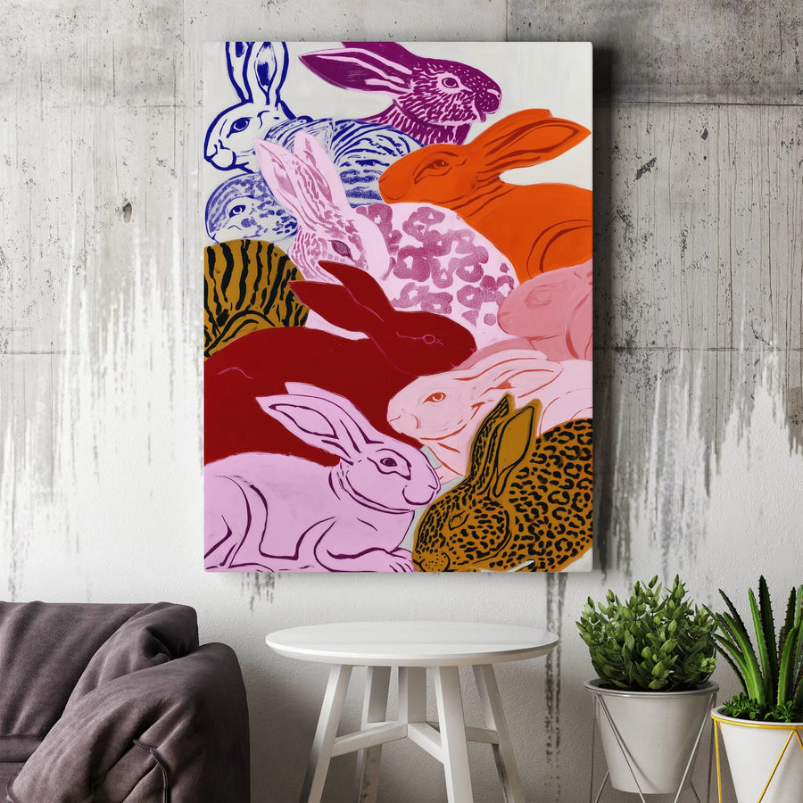 Colorful Rabbit Pop Art Canvas | Modern Animal Print Bunny Illustration | Gallery Quality Thick Profile | Whimsical Home Decor Gift