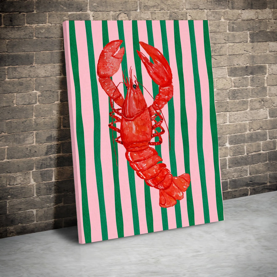Lobster Canvas Wall Art | Preppy Coastal Design on Pink and Green Stripes | Premium Gallery Wrap | Unique Beach House & Kitchen Decor Gift