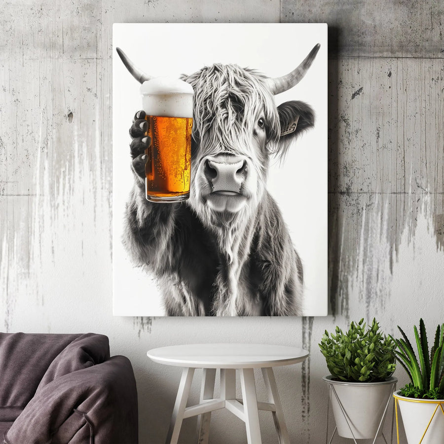 Highland Cow Beer Canvas Wall Art | Funny Farmhouse Kitchen Decor | Premium 1.25 Inch Gallery Wrap | Gift for Beer Lovers & Bar Room Decor