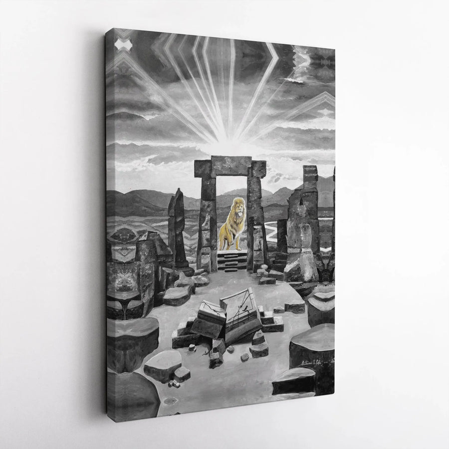 Lion Wall Art Canvas | Majestic Golden Lion in Stone Ruins | Premium Gallery Wrapped Print | Spiritual Home Decor Gift