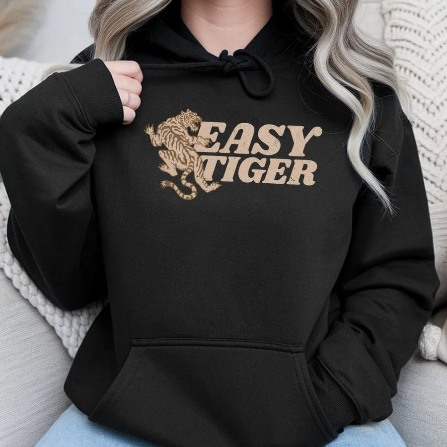 Easy Tiger Hoodie | Retro Tattoo Style Graphic Pullover | Premium Cotton Blend | Unisex Indie Grunge Crewneck Gift