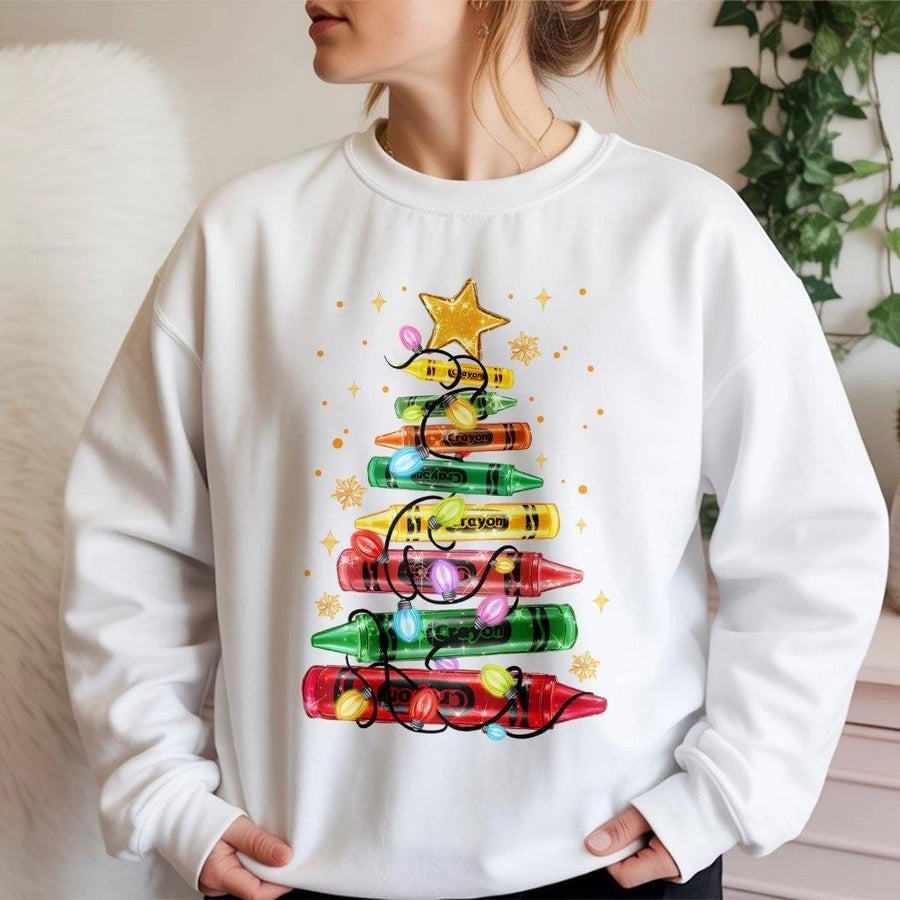 Christmas Crayon Tree Sweatshirt | Teacher Holiday Graphic Design | Soft Cotton Blend | Festive School Staff & Art Teacher Gift