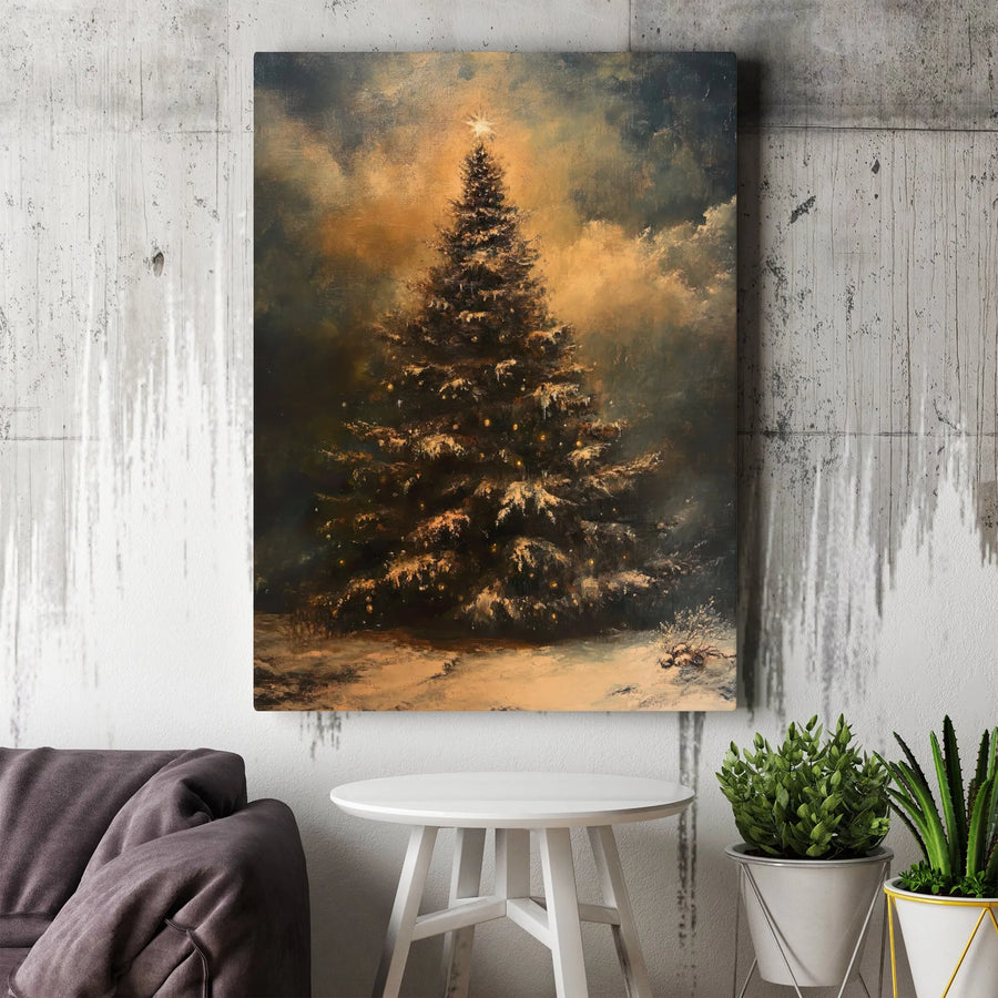 Christmas Tree Canvas Wall Art | Moody Winter Oil Painting Style | Premium 1.25-Inch Gallery Wrap | Festive Home Decor Holiday Gift Idea