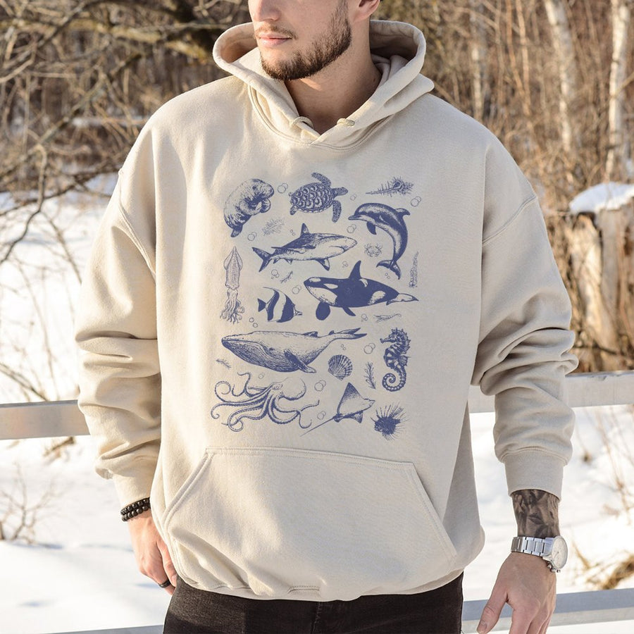 Marine Life Hoodie | Retro Ocean Sea Animal Sketch Art | Premium Cotton-Blend Pullover | Nature Lover Gift for Men & Women