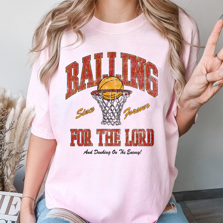 Balling For The Lord Basketball T-Shirt | Vintage Distressed Sports Graphic Tee | 100% Cotton Premium Quality | Religious Gift for Christian Athletes