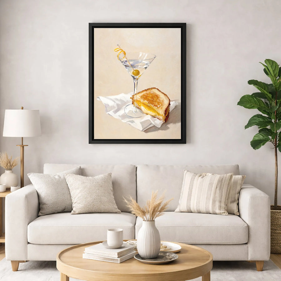 Martini and Grilled Cheese Painting | Oil Style Still Life Art Print | Premium 1.25" Gallery Canvas | Kitchen Decor for Bar Lovers