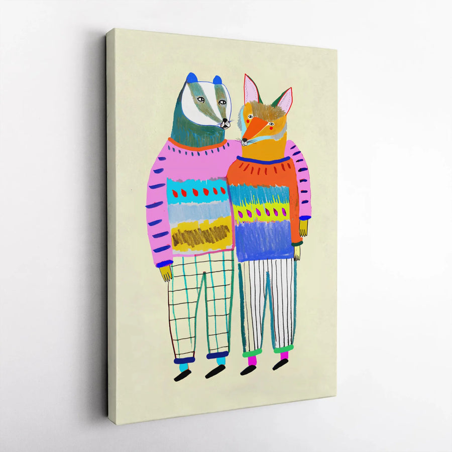 Badger and Fox Canvas Print | Whimsical Animal Best Friends Wall Art | Premium Gallery Wrapped Decor | Gift for Nature Lovers and Nursery