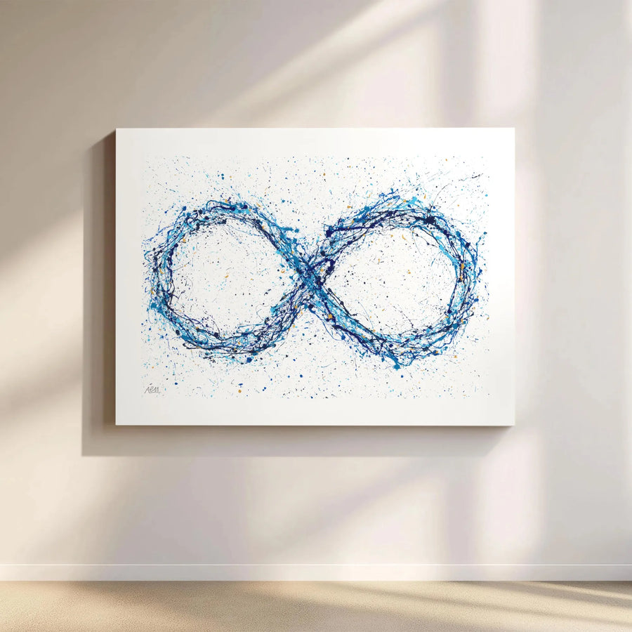 Infinity Symbol Wall Art | Abstract Blue Splatter Paint Canvas Print | Premium 1.25-Inch Gallery Wrap | Modern Home Decor Gift