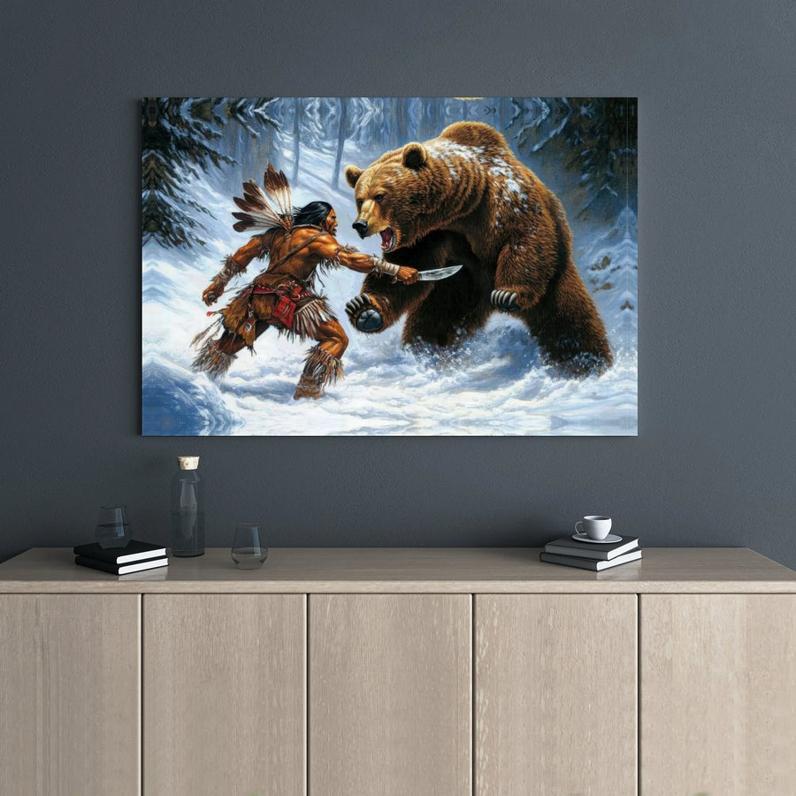 Native American Warrior Grizzly Bear Canvas Print | Snowy Wilderness Forest Battle | Premium 1.25" Gallery Wrap | Western Wildlife Home Decor Gift