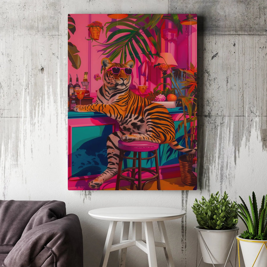 Tropical Bar Tiger Canvas Wall Art | Whimsical Neon Jungle Animal Decor | Premium Gallery Wrapped Print | Bold Maximalist Home Accent
