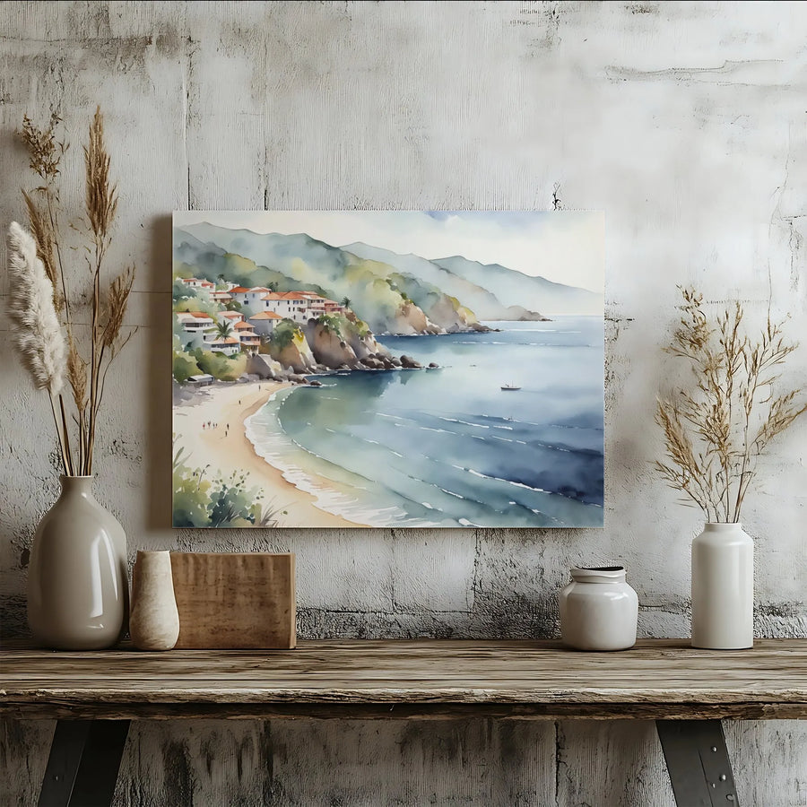 Coastal Village Canvas Wall Art | Watercolor Seascape Painting Print | Premium Gallery Wrapped Canvas | Living Room & Bedroom Wall Decor Gift