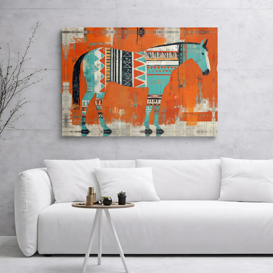 Abstract Horse Wall Art | Southwestern Tribal Pattern Print | Premium Gallery Wrapped Canvas | Western Boho Home Decor Gift