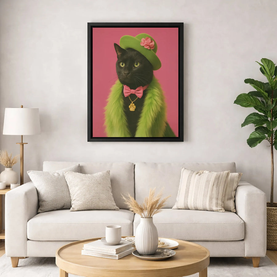 Black Cat Wall Art | Whimsical Pet Portrait with Green Fur Boa | Premium Gallery-Wrapped Canvas | Quirky Animal Lover Gift