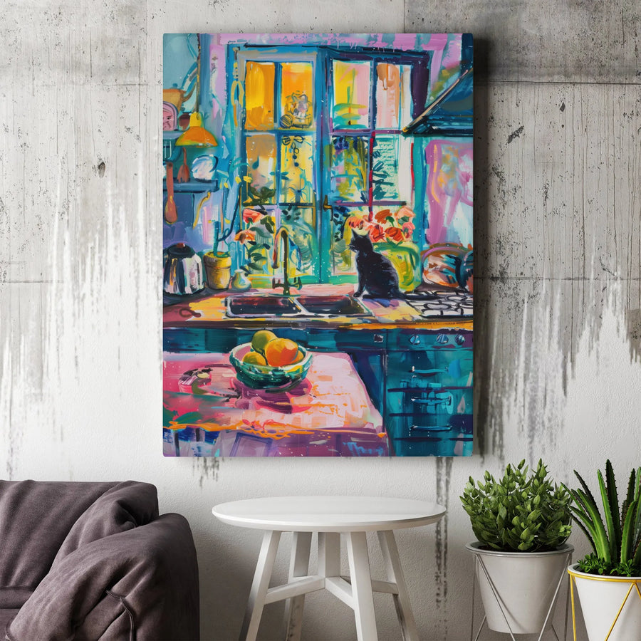 Black Cat Kitchen Canvas Wall Art | Vibrant Impressionist Painting Print | Premium Fade-Resistant Canvas | Modern Home Decor Gift for Cat Lover