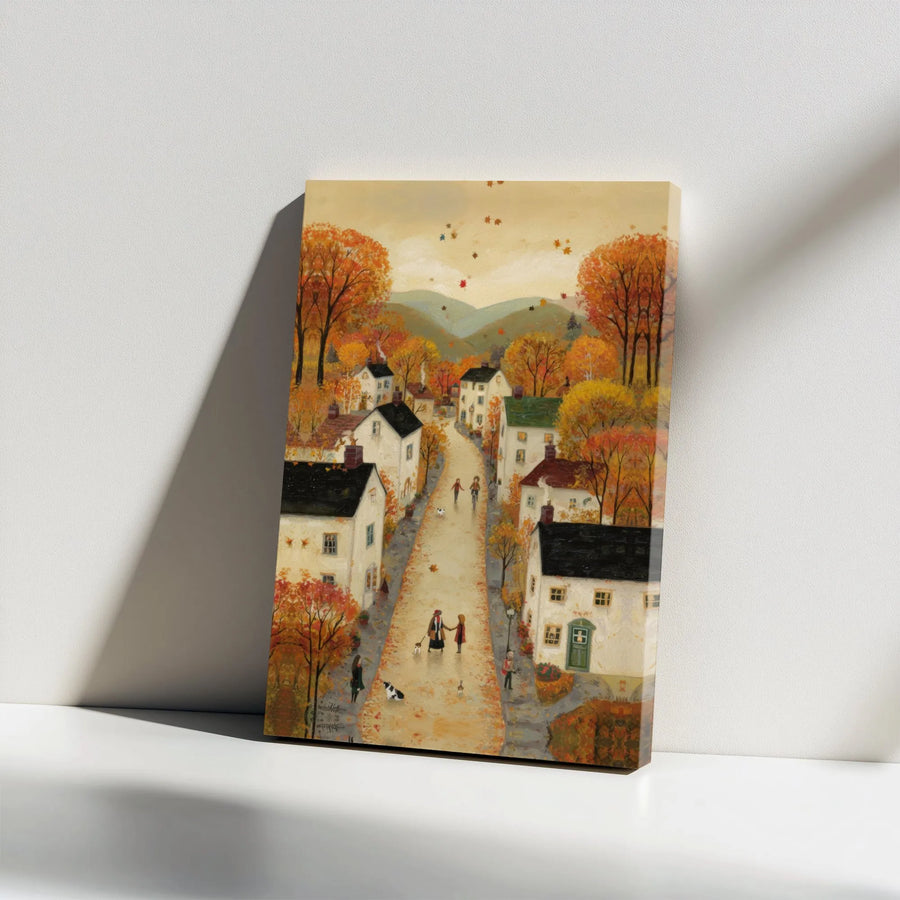 Autumn Village Canvas Wall Art | Rustic Folk Art Landscape with Cozy Street Scene | Premium Canvas Print | Housewarming Gift for Home Decor