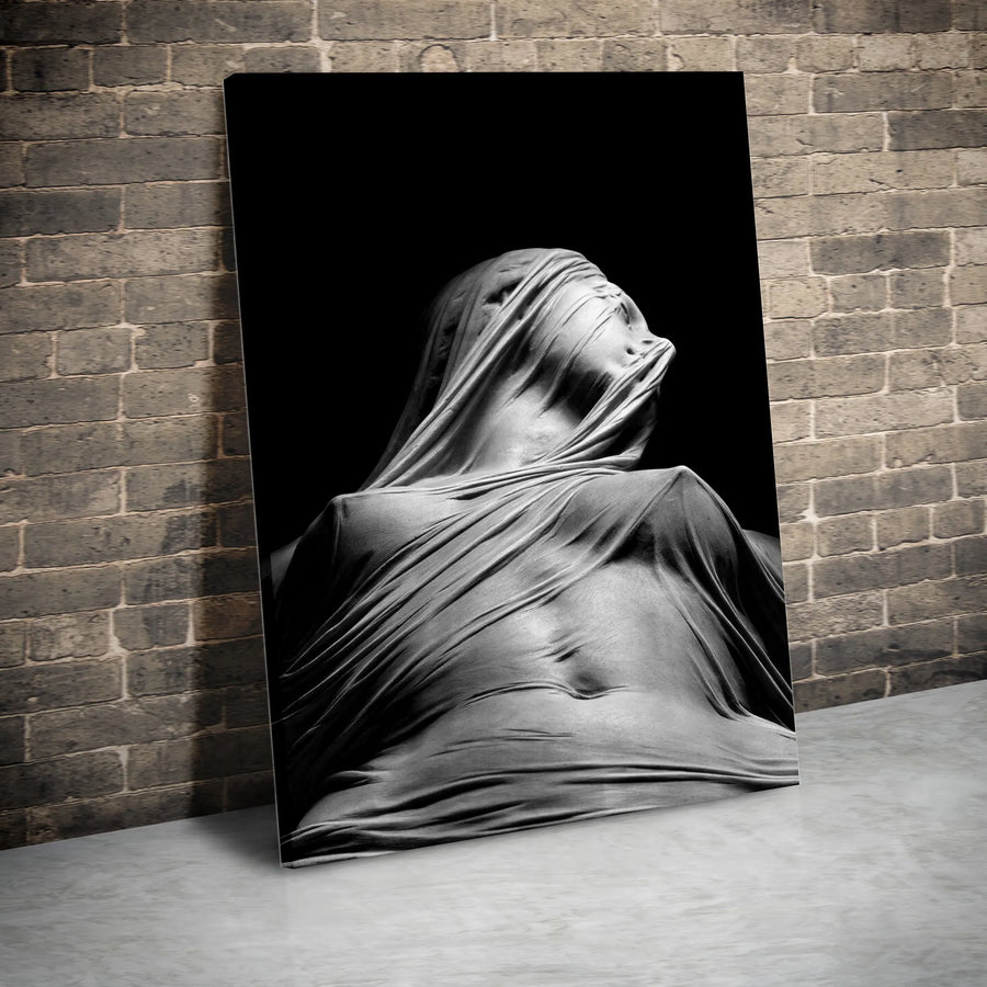 Veiled Woman Canvas Art | Surreal Gothic Shrouded Figure | Premium Fade-Resistant Gallery Print | Moody Black and White Home Decor Wall Art