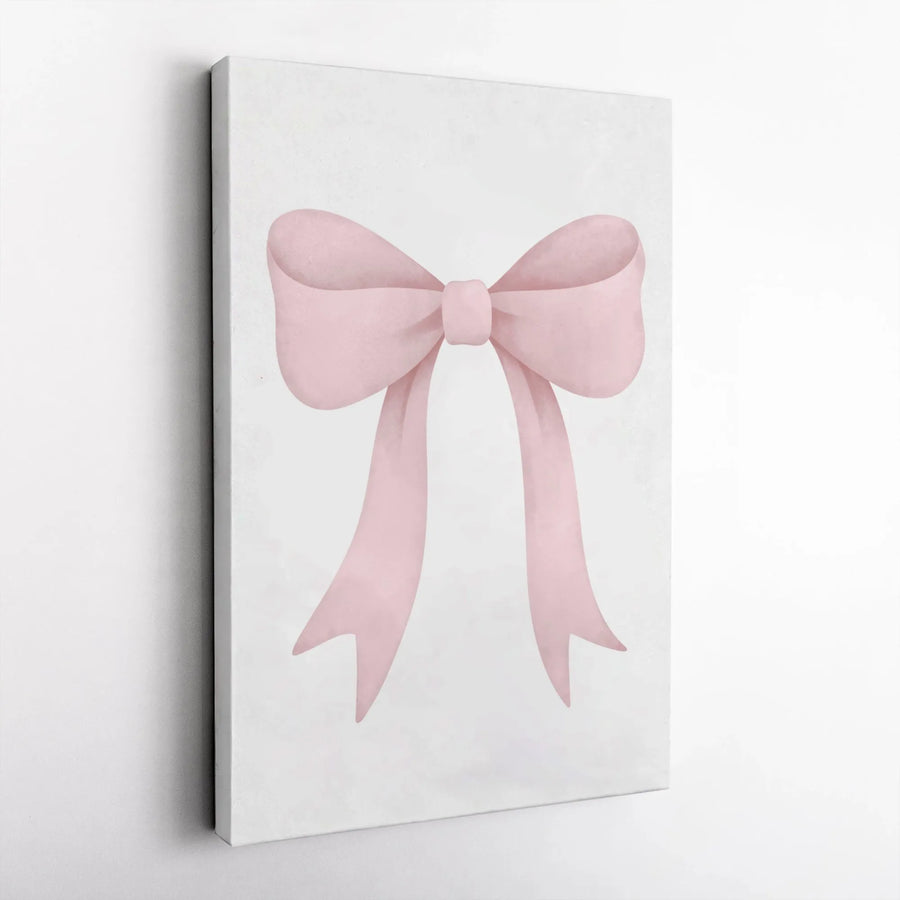 Pink Bow Wall Art | Watercolor Ribbon Aesthetic Canvas Print | Minimalist Gallery Wrap Decor | Soft Pastel Nursery & Bedroom Wall Decor