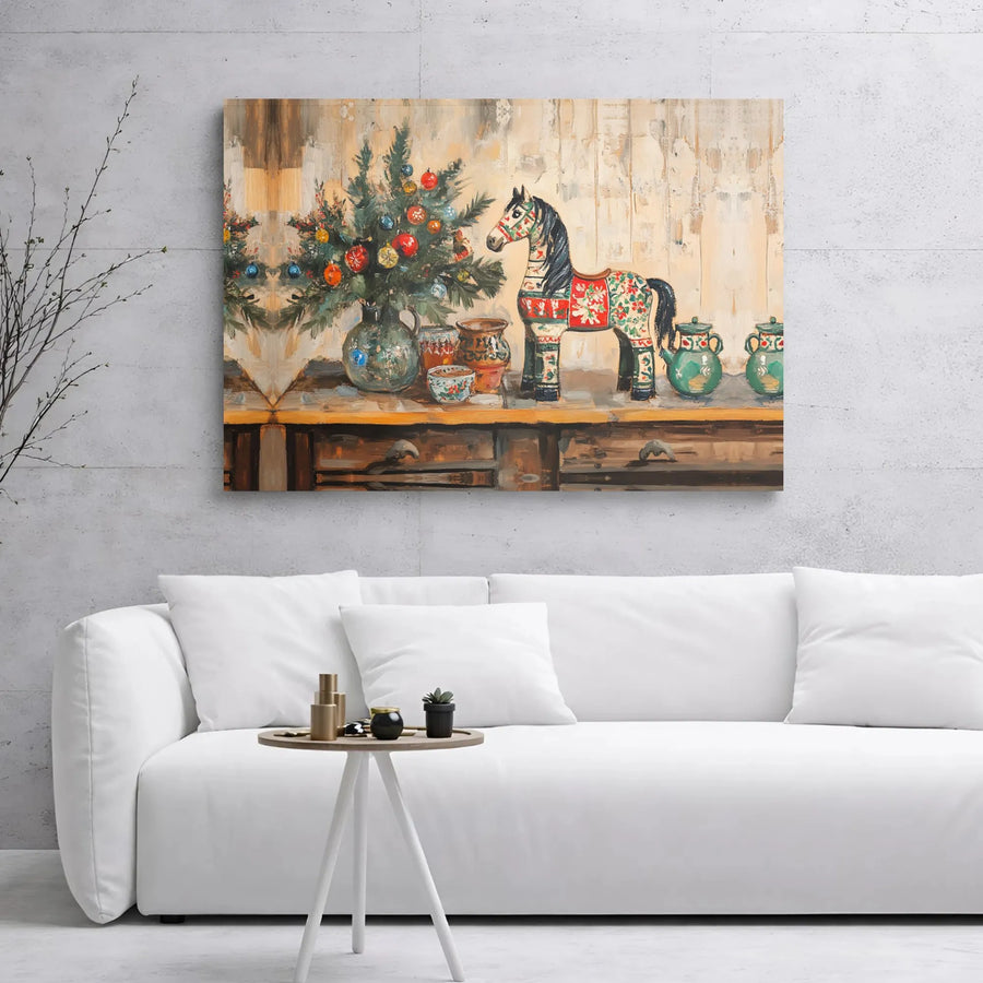 Vintage Folk Art Christmas Canvas Print | Dala Horse Holiday Still Life | 1.25” Thick Gallery Wrap | Ready to Hang Seasonal Home Decor