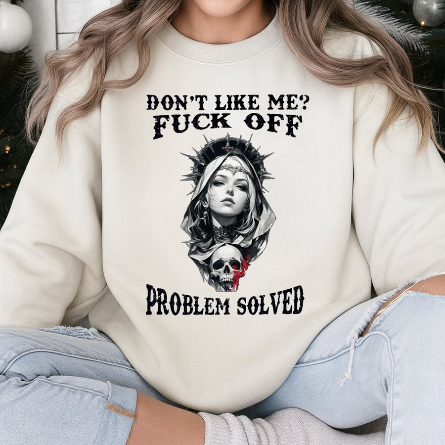 Gothic Valkyrie Skull Sweatshirt | Don't Like Me Fuck Off Aesthetic | Soft Cotton Blend Graphic Crewneck | Edgy Sarcastic Gift for Women & Men